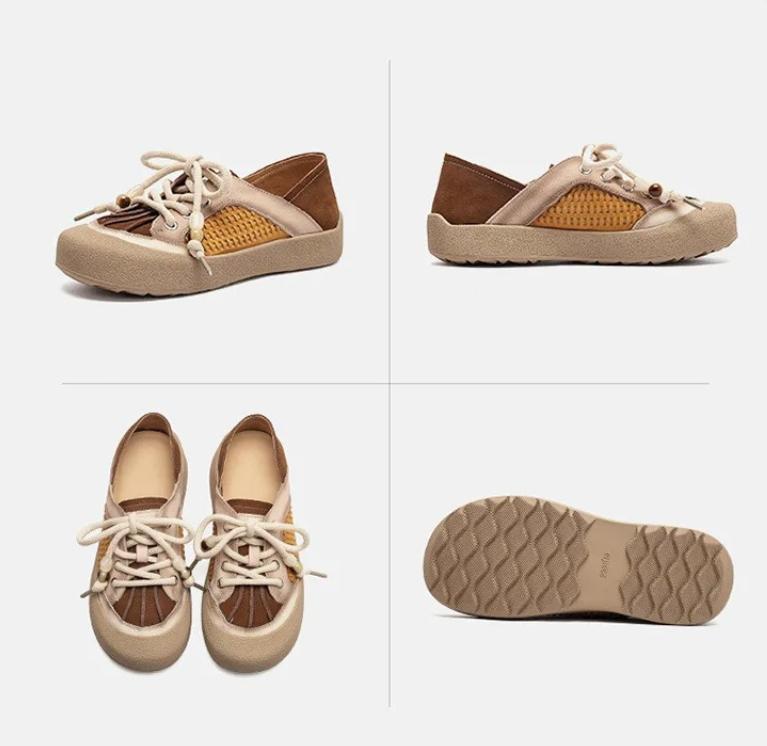 Johnature Mixed Colors Casual Lace-up Flats Genuine Leather Versatile Soft Soled Women's Shoes