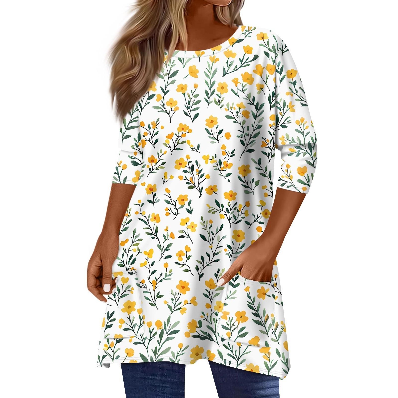 

3/4 Sleeve Pocket Tops For Women Print Mid-length T Shirt Round Neck Blouse XL помаранчевий