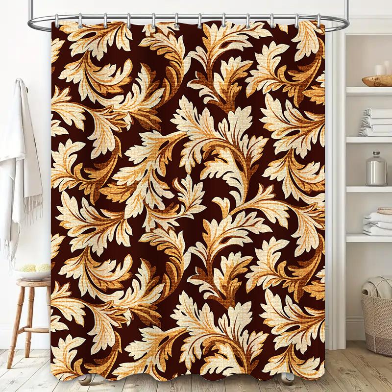 Luxury Floral Shower Curtain Gold and White Leaves Design Waterproof Fabric for Bathroom Decoration