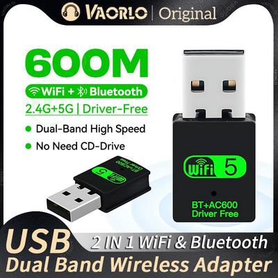 VAORLO Adattatore wireless Bluetooth WiFi USB 2 in 1 600 Mbps 2.4G+5GHz Wi-Fi Dongle AC600 Scheda di rete ad alta velocità Ricevitore per PC Laptop