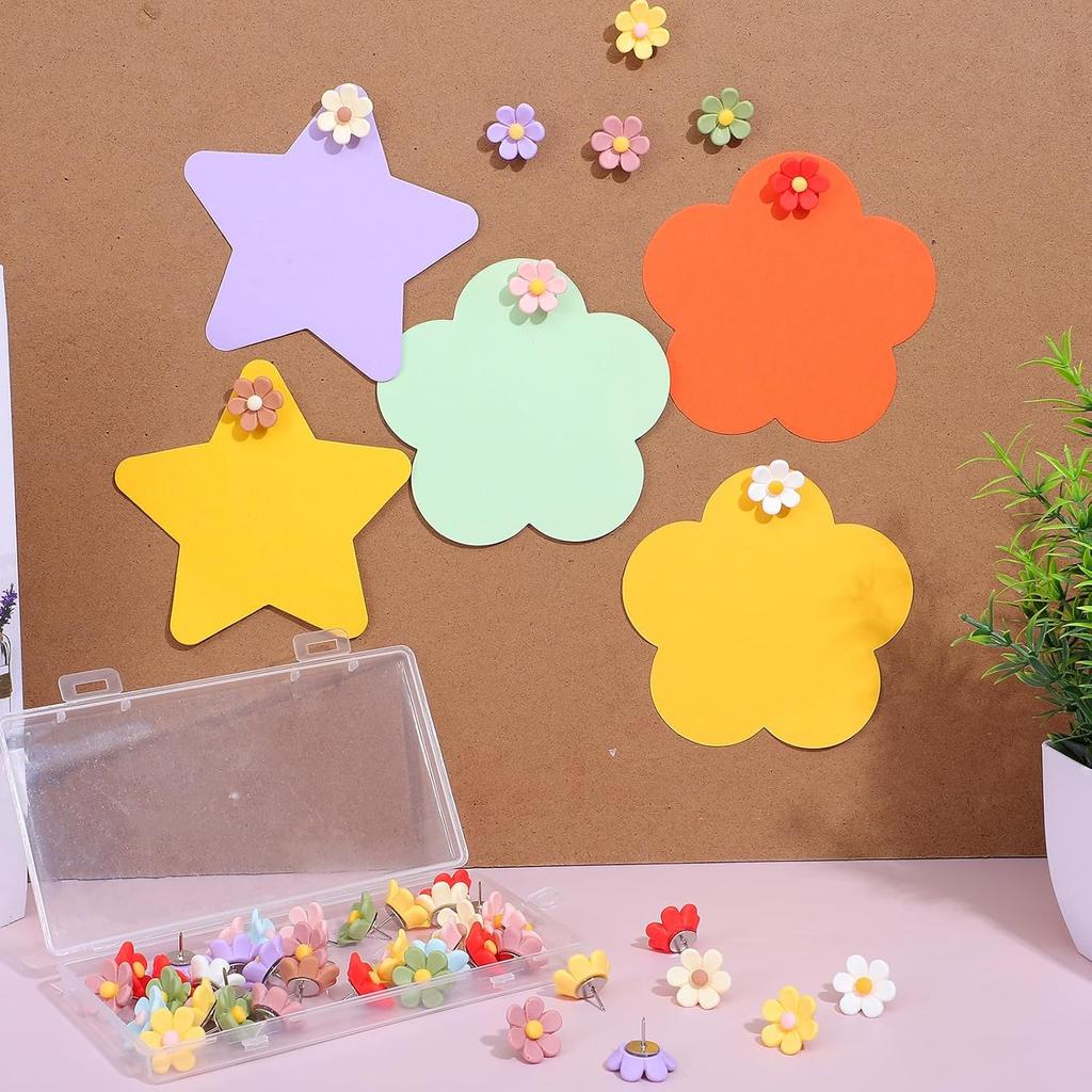 50 Pcs Push P, Colorful Flower Push Pin Thumb Tacks for Bulletin Board Decorative Resin Thumb Tacks for Cork Board Bulletin Boards Office Home Photo