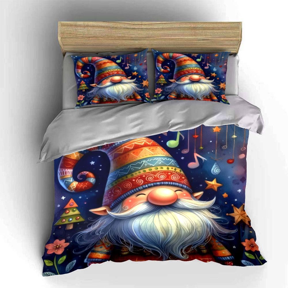 Colorful Christmas Gnome Print Bedding Duvet Cover Set (1*Duvet Cover 2*Pillowcases, without duvet insert)