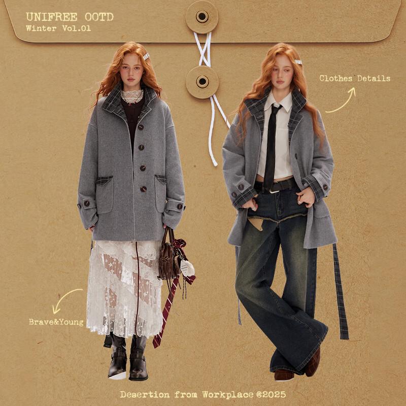 UNIFREE Korean Style Plaid Patchwork Wool Blend Coat