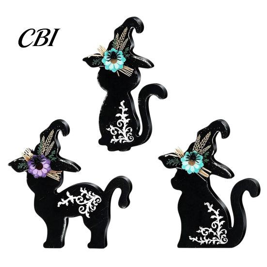 Halloween Mantel Decor 3Pcs Decoration, Black Cat Ghost Witch Hat Table Decor, Decorations Rustic Farmhouse Wooden Centerpieces for Home Office Tiered