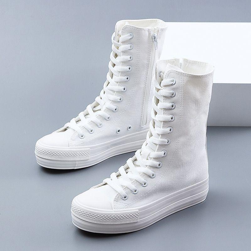 Mote Høye Lerretssko For Damer Myk Såle Cheerleaders Dansesko Hvite Fritidssko Kvinners Midt-legg Støvler