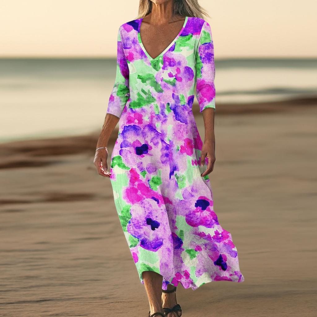 Dresses For Womens Vintage Print Tunic Waisted Midi Dress Summer Casual  3/4 Sleeve Dress