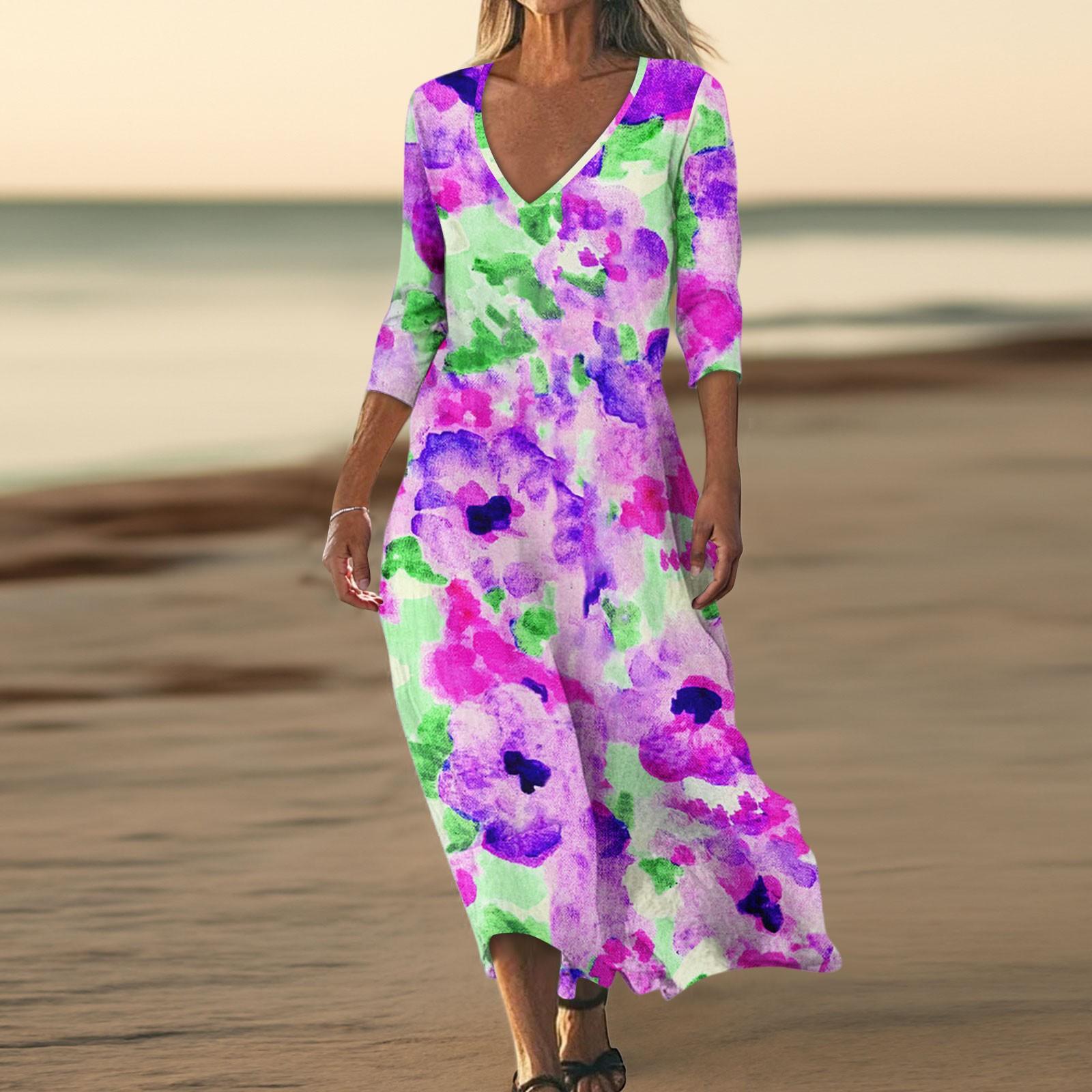 

Платья для женщин Винтажный принт Туника с завышенной талией Миди-платье Летнее повседневное Платье с рукавом 3/4 M фиолетовый