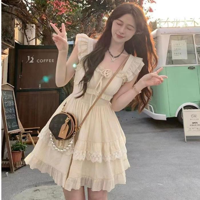French sweet first love small flying sleeve dress children summer small temperament waist a word princess dress short skirt