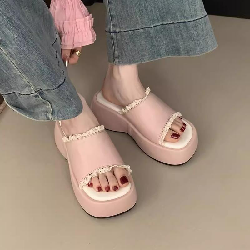 French Thick Heel Women's Open-Toe Summer Outdoor Lace Trim Sweet Slippers Rubber Sole Microfiber Material Ladies Slippers