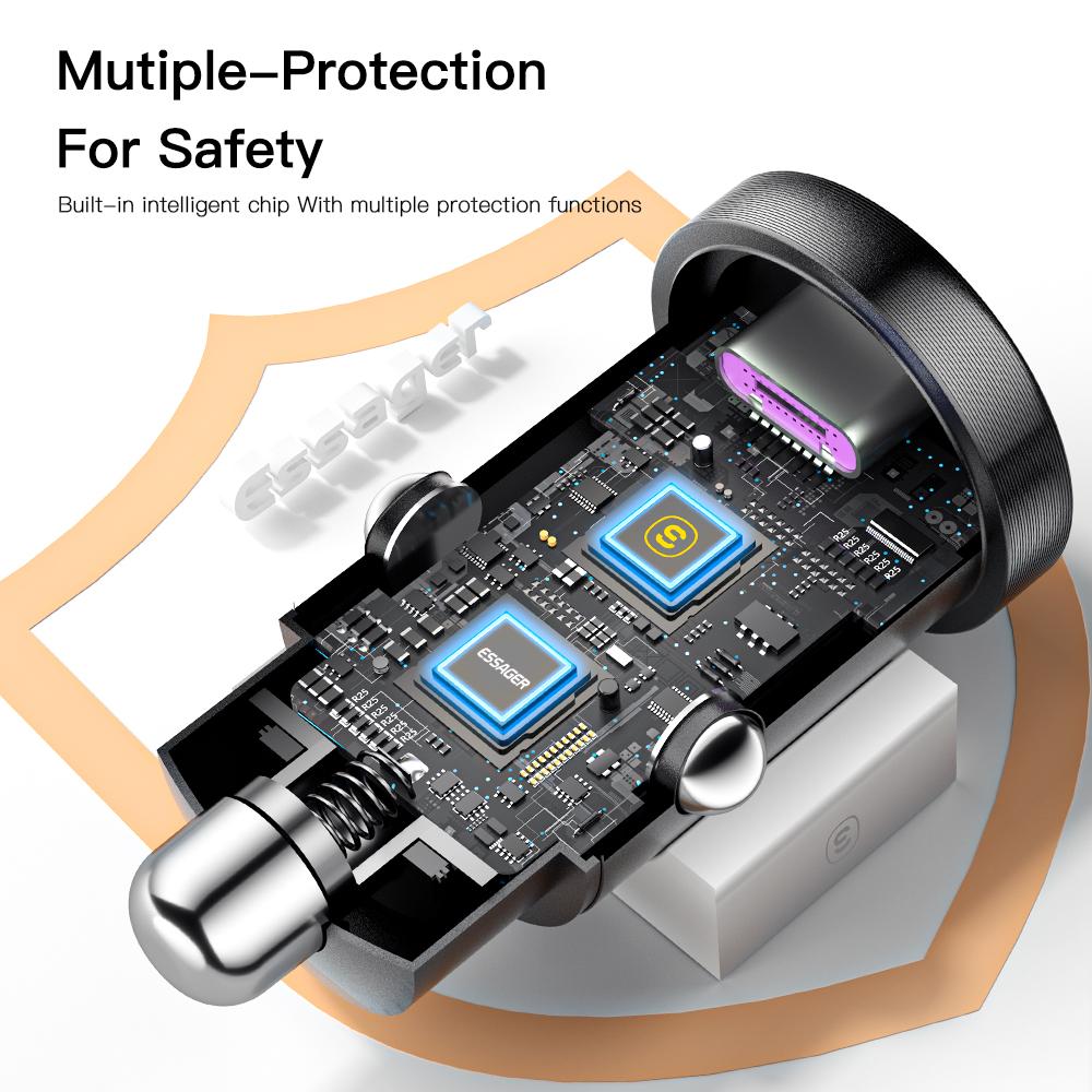 Essager Încărcător auto Usb 30W Încărcare rapidă4.0 Qc Pd 3.0 Scp 5A Usb tip C Încărcare rapidă auto pentru Iphone 14 13 Huawei Samsung Xiaomi