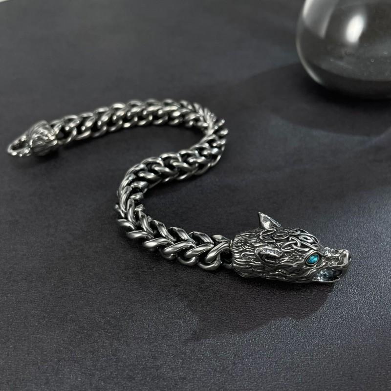 Pulsera de Hombre con Cabeza de Lobo Oscuro Estilo Europeo Americano Vintage Punk Moda Joyería Versátil Venta al por Mayor