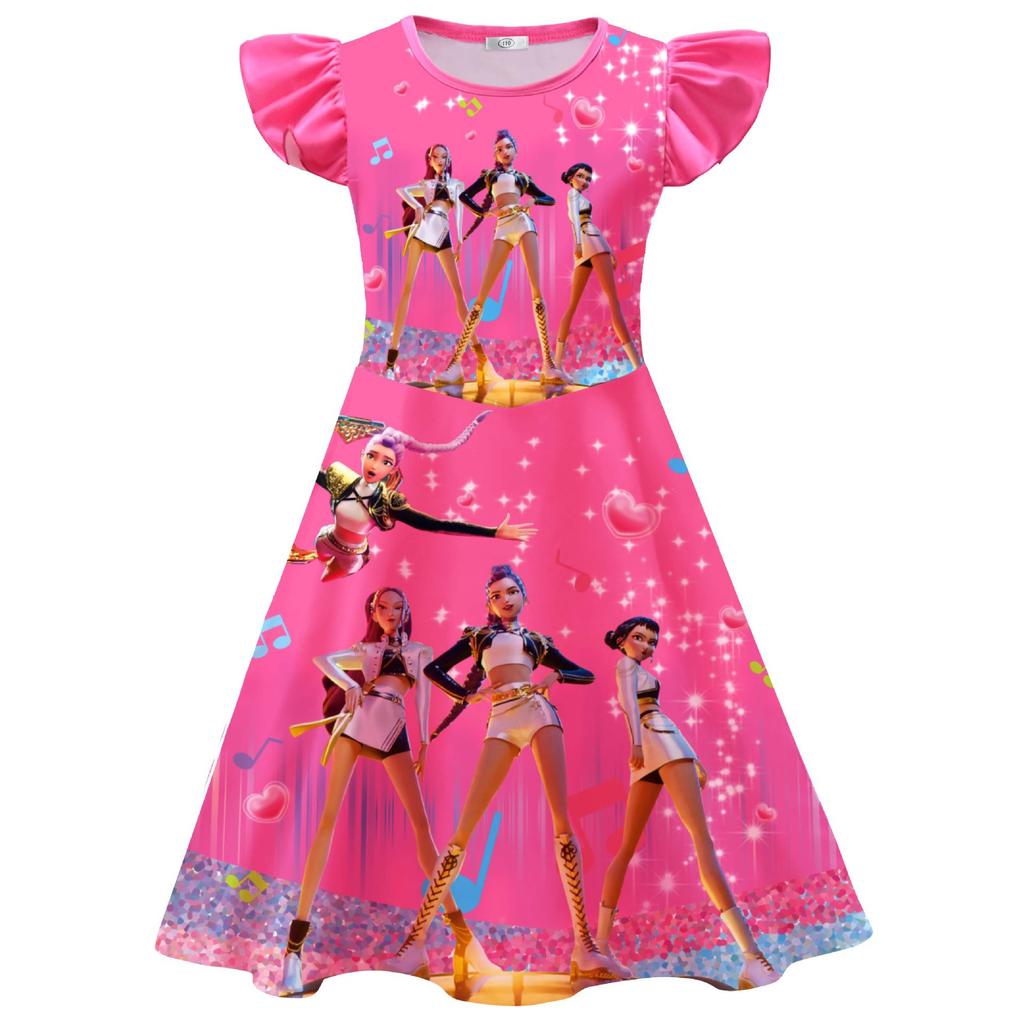 New Demon Slayer Costume Print Girls' Flutter Sleeve Milk Silk Dress