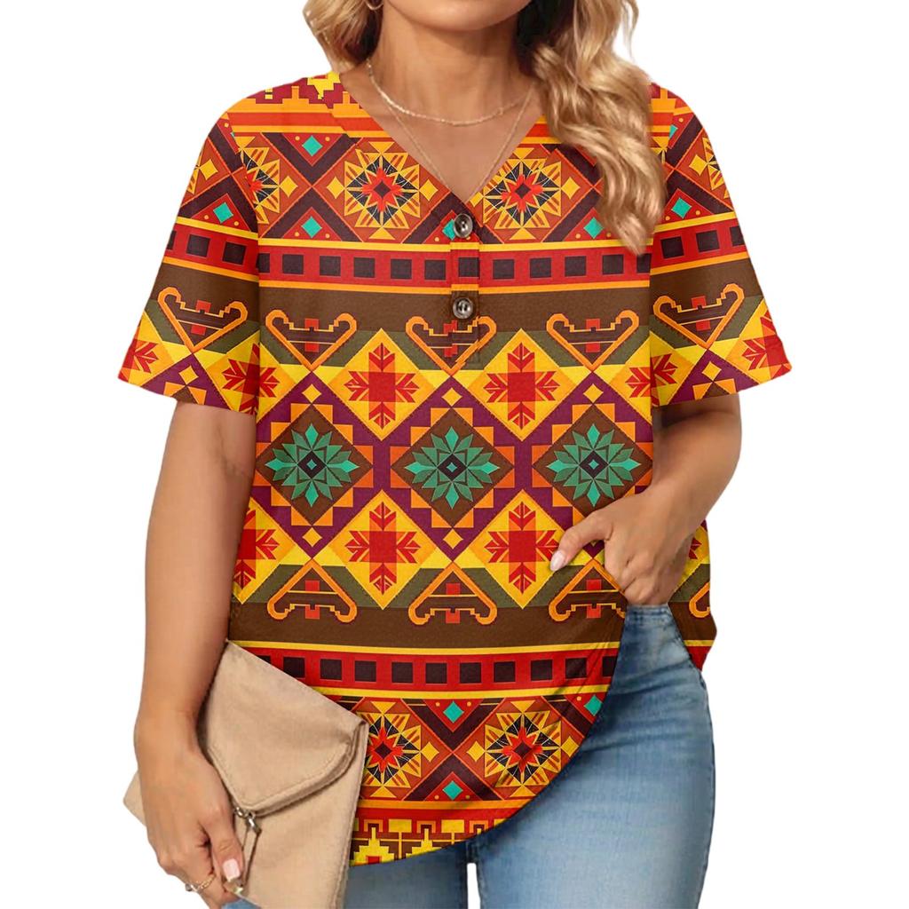 Women's Fashion Casual Printed V-Neck Short Sleeve Large Size T-Shirt Top