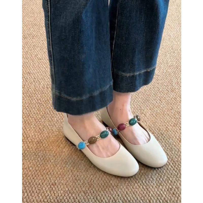 Sheepskin~ Genuine leather retro French shallow mouth one-word ballet single shoes women's flat commuting Mary Jane small leather shoes