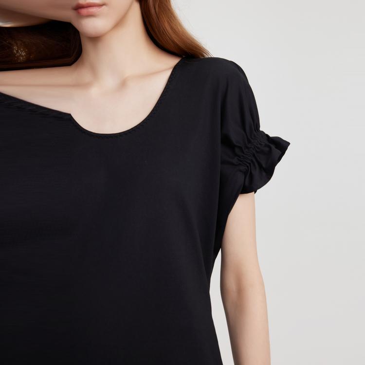 ELLE Elegant Minimalist High-Quality Round Neck Cotton A-Line Long Dress Short Sleeve Dress Women Dresses L8SLS143