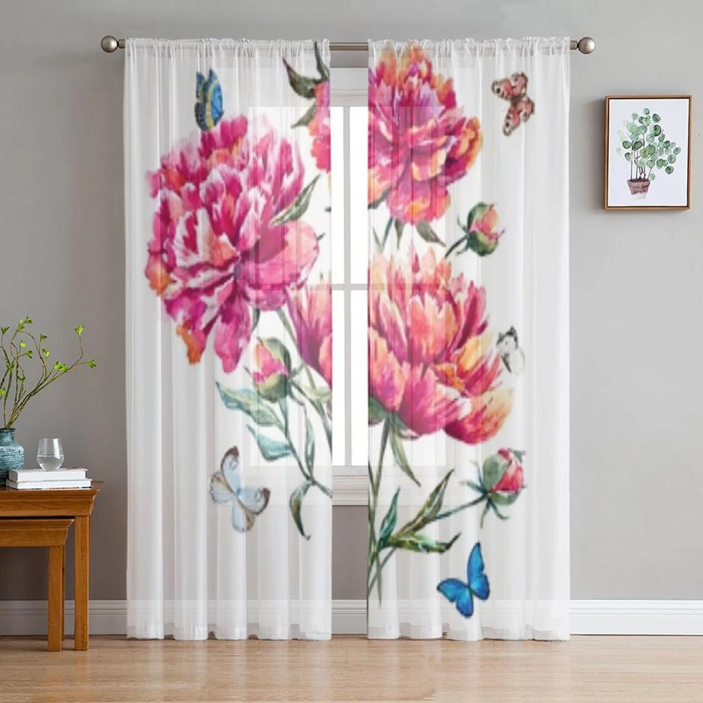 Floral Watercolor Wildflowers In Vintage Style Tulle Curtains for Living Room Bedroom Chiffon Sheer Voile Kitchen Curtain