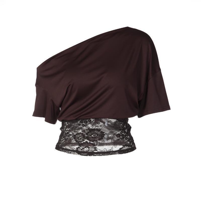 Women Sexy Slanted Neck Off Shoulder Short Sleeve Lace Patchwork Waist Cinched Cropped T Shirt