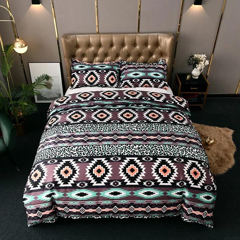 3pcs Boho Bedding Set Striped Geometric Duvet Cover and Pillowcases in Brown Ethnic and Traditional Style Soft Cozy Quilt Covers