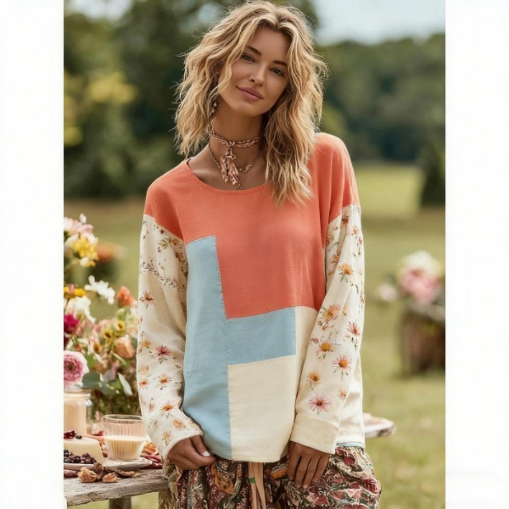 Europe America Fashion Splicing Colors Women's T-shirt Pullover Bohe Style Women Long Sleeve Clothing Outdoor Casual Tees Top