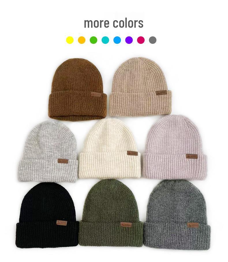 Korean Style Thick Knit Wool Hat for Men & Women - Windproof, Warm, Double Layered, Large Head, Autumn/Winter, Solid Color.