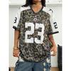 Summer Street Hip-Hop Style Sporty V-Neck Short-Sleeved Leopard Print Lettering Pattern Loose Quick-Drying Women's Girls T-Shirt