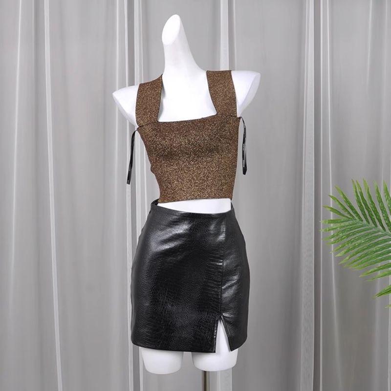 

Yy265 Foreign Order Australian Single Shei. Bandage Vest. Sexy High Quality Elastic Ultra-Short Tops D Bronze XS/stretchy to S