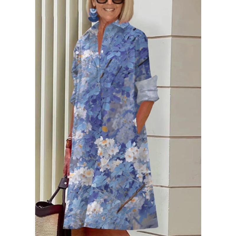 Novos produtos de outono, camisa com gola estampada de bolinhas de temperamento fashion, manga comprida, vestido médio e longo