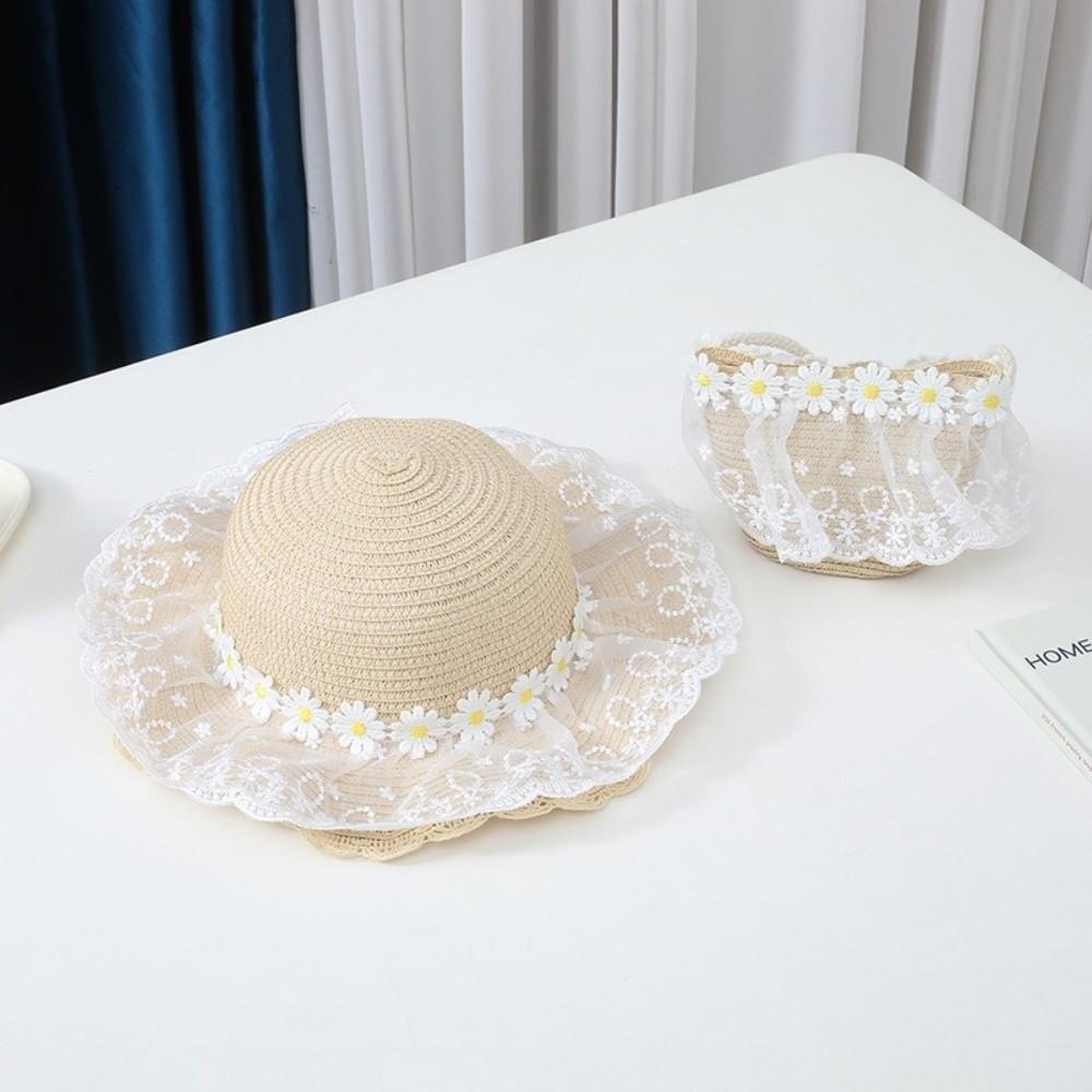 Wide Brim Straw Bag Cap Set Lace Sun Hat Sweet Fisherman Hat for 2-8 Years Kids