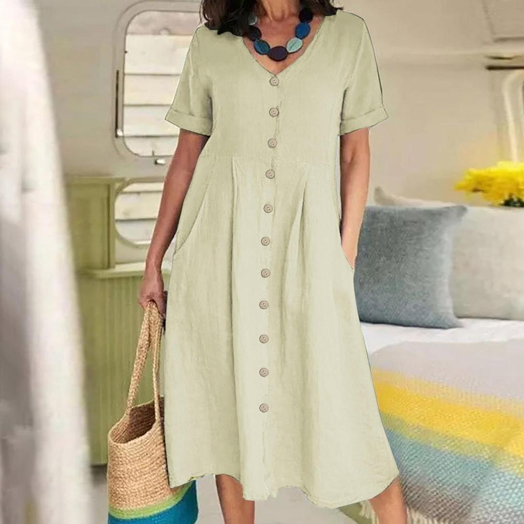 Lässiges Sommerkleid für Damen mit V-Ausschnitt, Knopfleiste, Baumwolle und Leinen, einfarbig, kurzärmelig, mittellang