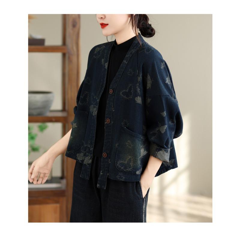 DIMANAF 2026 Autumn Winter Plus Size Women Denim Jackets Coat Casual Long Sleeve Blue Print Floral Loose Buttons Vintage Outwear