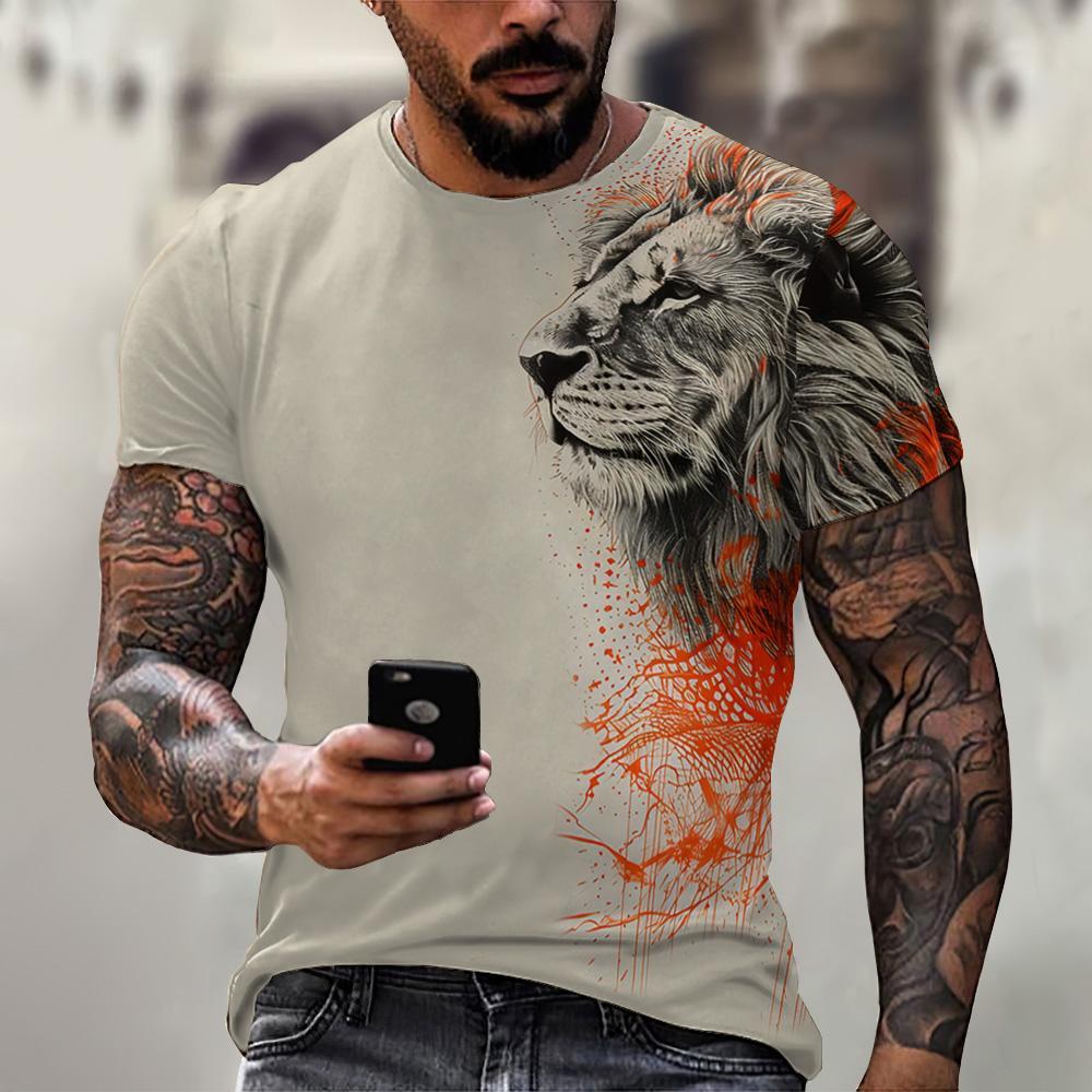 Men's T-Shirt Lion Pattern Man T Shirt Summer Short Sleeve Top Round Neck Y2k Clothes T-Shirts for Men Breathable Men Clothing