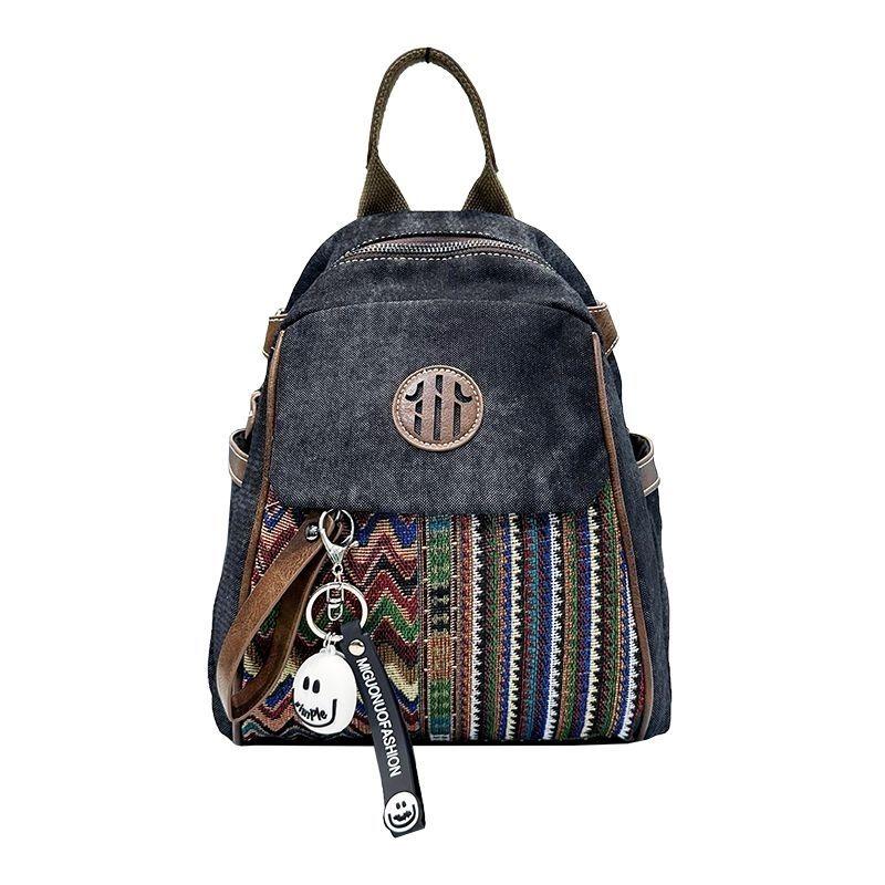 Dámský džínový etnicky vyšívaný batoh, kontrastní barevný batoh, crossbody taška