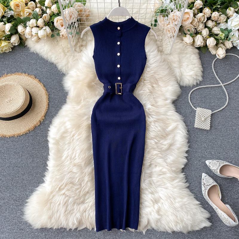 European and American stand-up collar breasted slim-fitting and thin elastic knitted vest skirt waist and thin medium and long hip-wrapped bottoming