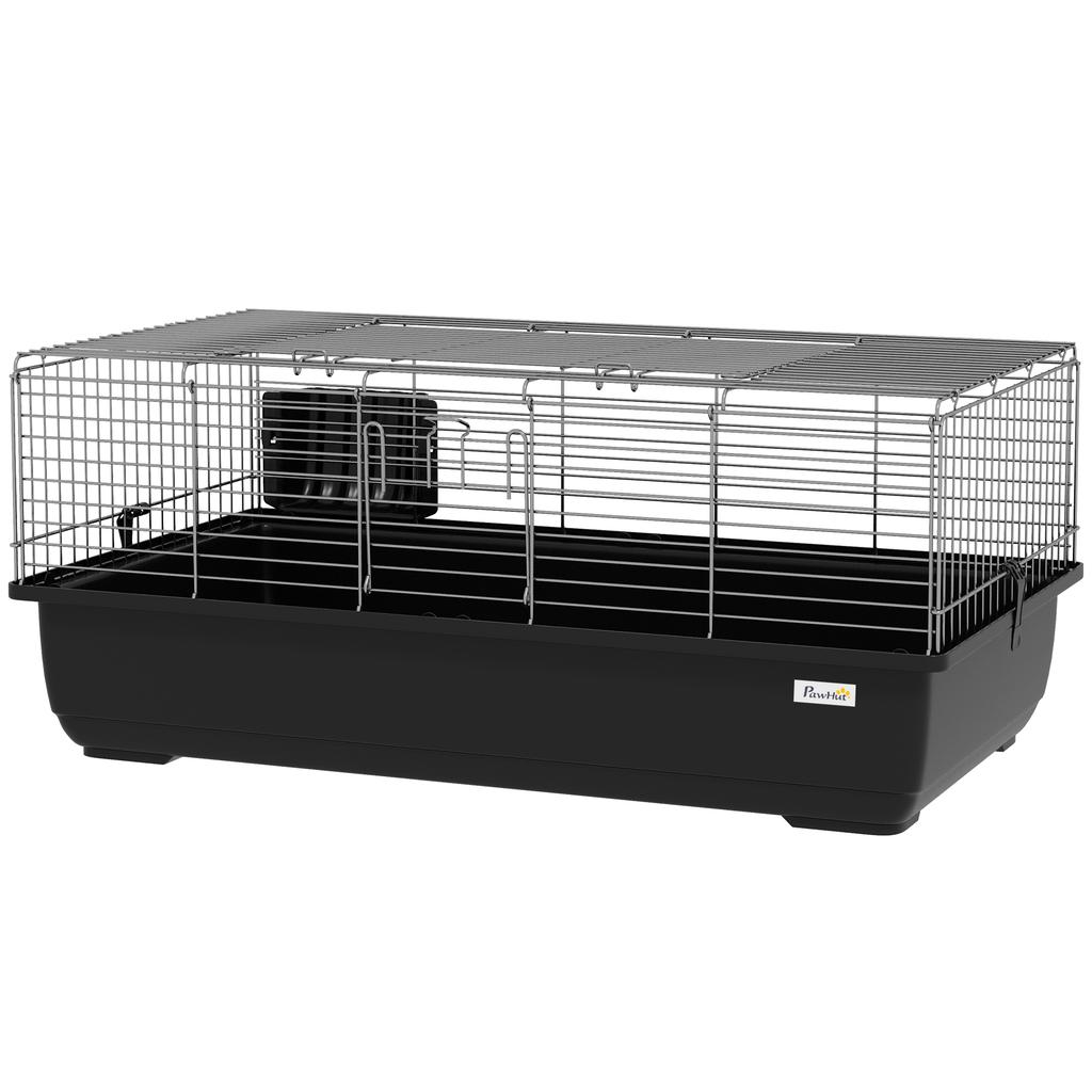 Rabbit Cage with 2 Doors and Removable Tray, in Metal and PP Plastic, 100x55x41 cm, Black and Silver