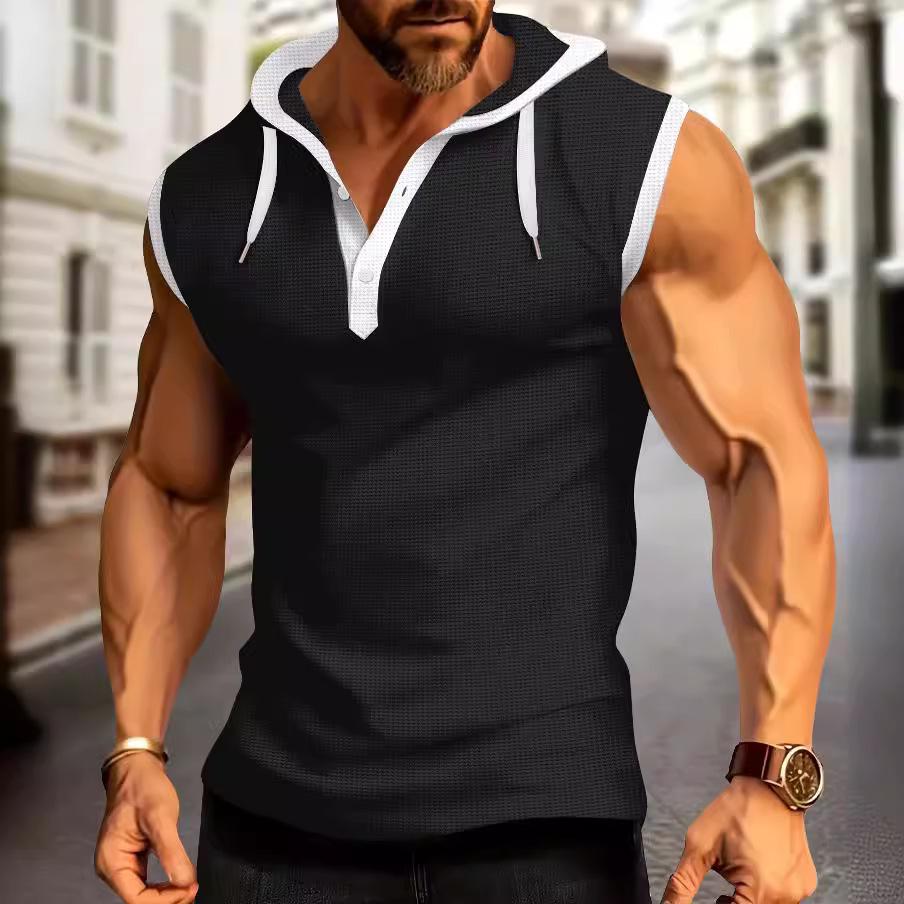 2024 Summer Men's Hooded Plaid Zip-Up Sleeveless Cardigan T-Shirt