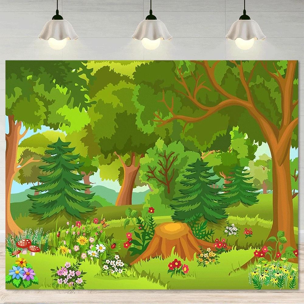 1pc Fairy Tale Forest Photography Polyester Background - Bright blue sky and pine trees, lush green grassland and wildflowers