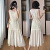 French splicing sleeveless vest dress women's summer high-end temperament seaside vacation waist long dress