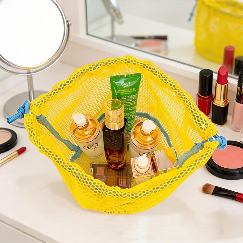 Drawstring Mesh Cosmetic Bag Toiletry Mesh Pouch Dopamine Color Grid Beach Bag, Handheld Toiletry Bag, Miscellaneous Storage Bag