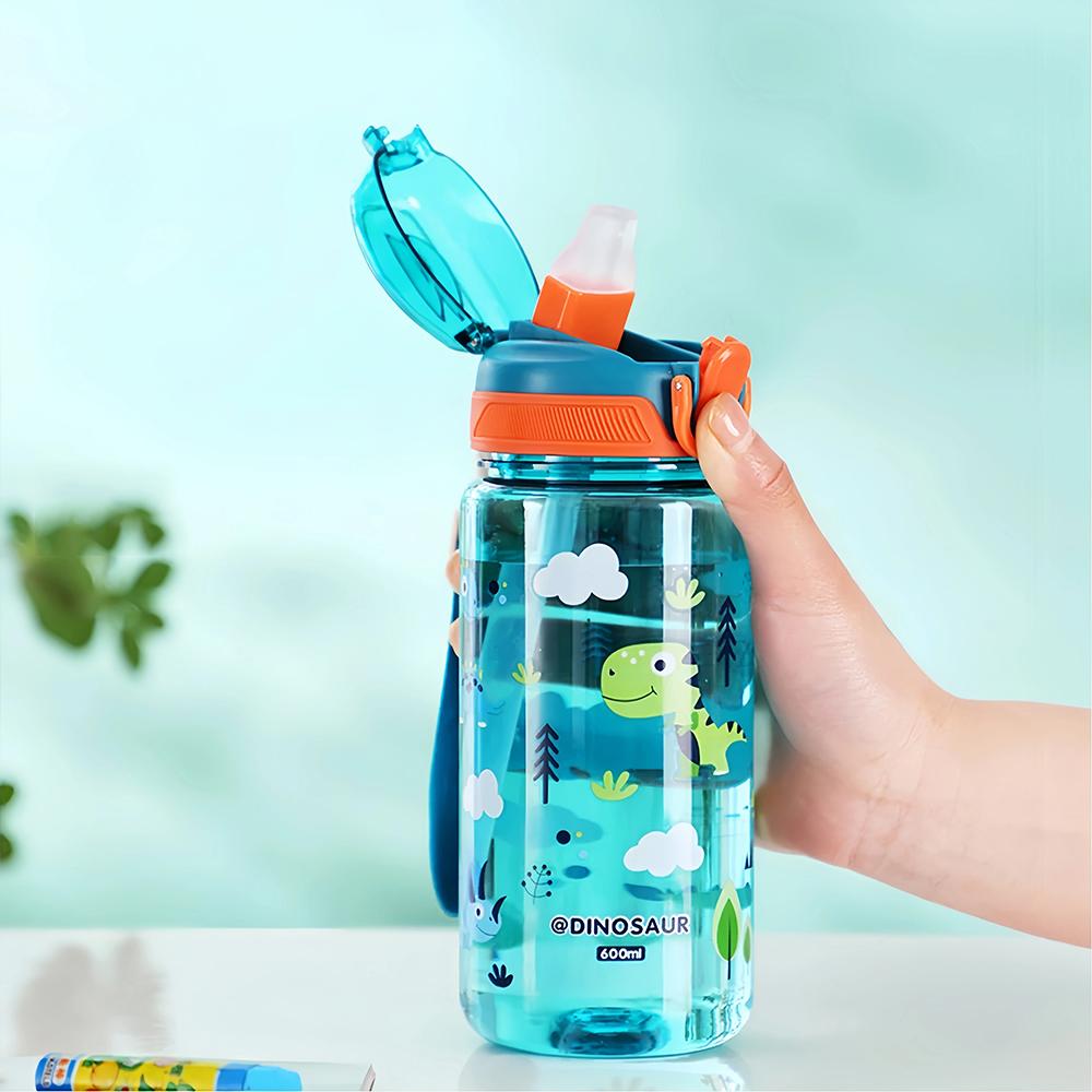 600ml Dětská láhev na vodu s dinosaurem, pítko se silikonovou slámkou, nepropustné plastové lahve na vodu, letní dětský pohár na vodu