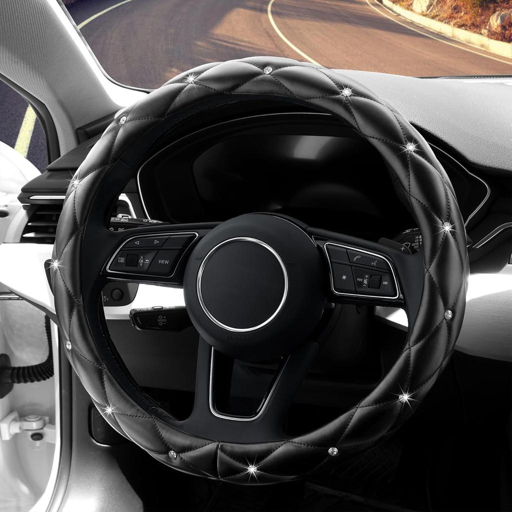YOGURTCK Diamond Soft Leather Anti-Slip Steering Wheel Cover with Bling Bling Crystal Rhinestones, Universal 15 Inch for Women Girls, Fit Vehicles,