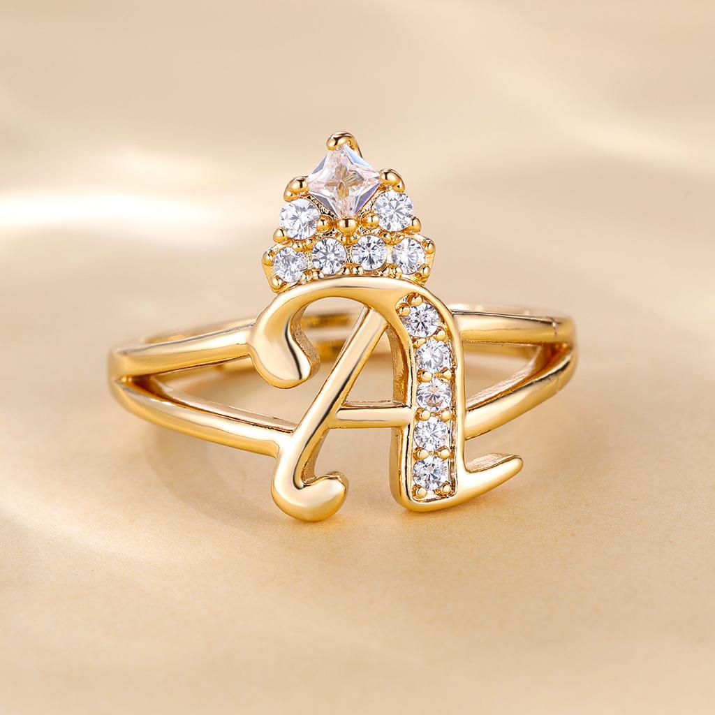 Bague de princesse en Zircon, couleur dorée, 26 lettres anglaises, anneau d'ouverture réglable, bijoux de mariage, cadeau de saint valentin, 1 pièce
