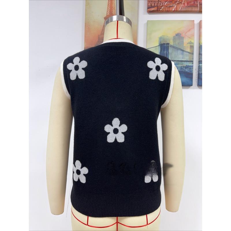 Women's printed V-neck sleeveless knitted floral pullover sweater