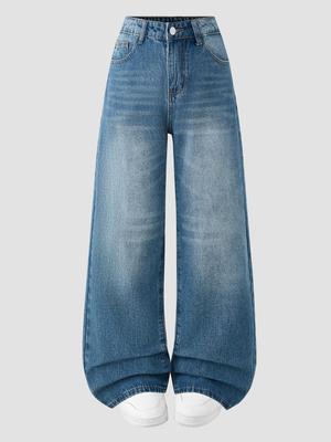 Verstellbare Taille High-Waist Jeans mit weitem Bein für Teenager-Mädchen - Schlichtes Design