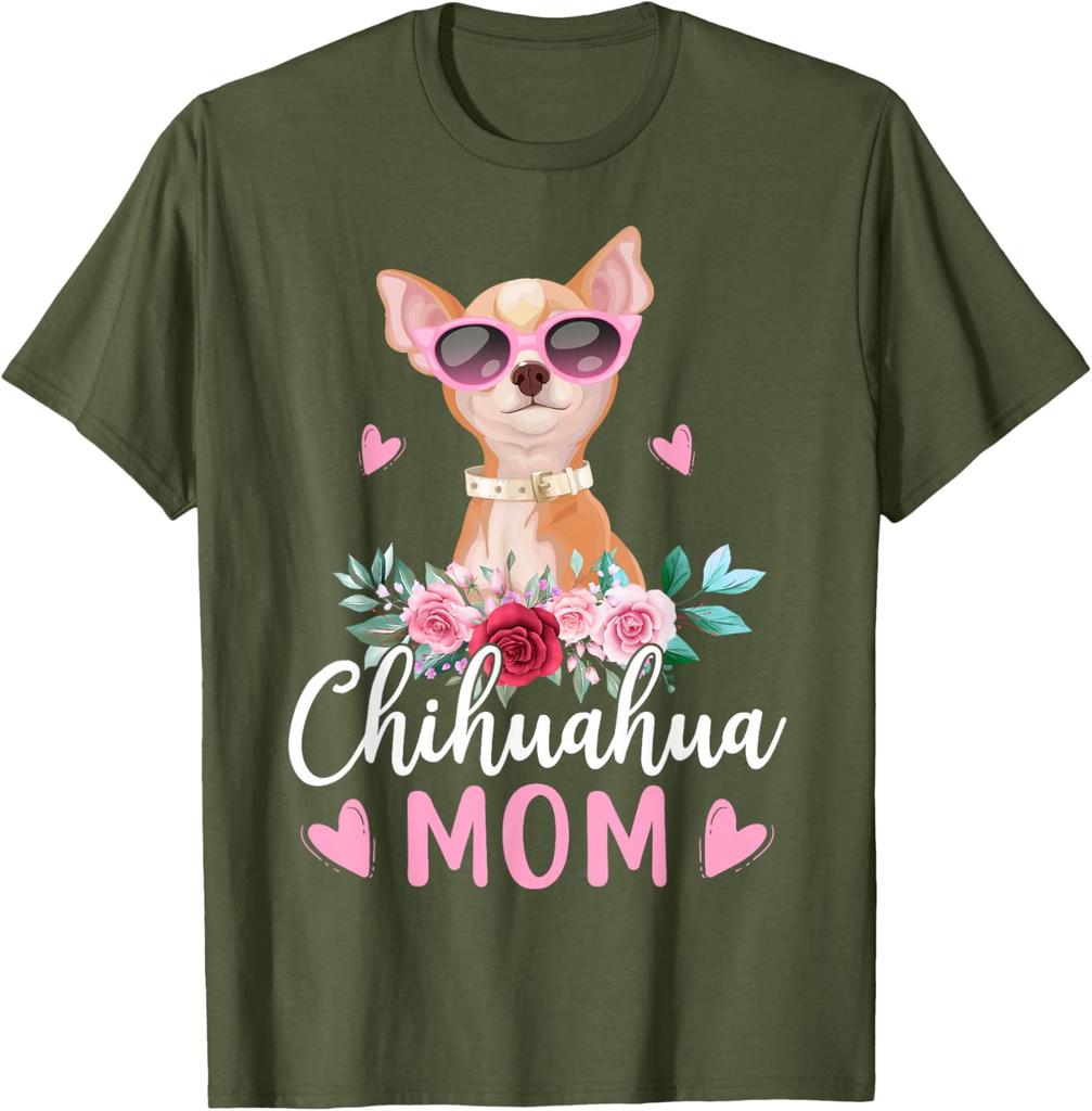 Chihuahua Mom Sunglasses Flower Graphic T-Shirt Cute Dog Lover Casual Crewneck Tee