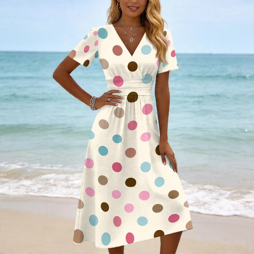 Robe midi à pois pour femme, col en V, manches courtes, pour le printemps, robes pour femme, robes d'été pour femme, robes longues pour femme, robes d'été pour femme
