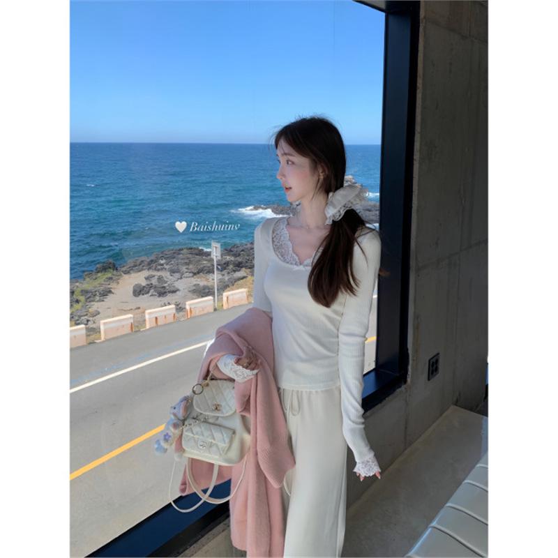 

Velvet Lace Trim Women s Patchwork Slim Fit Chic Autumn T-Shirt S грязно-белый