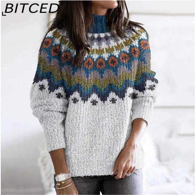 BITCED Women's Sweater - O-Neck Color-Blocked Oversized Fashion Pullover Knit