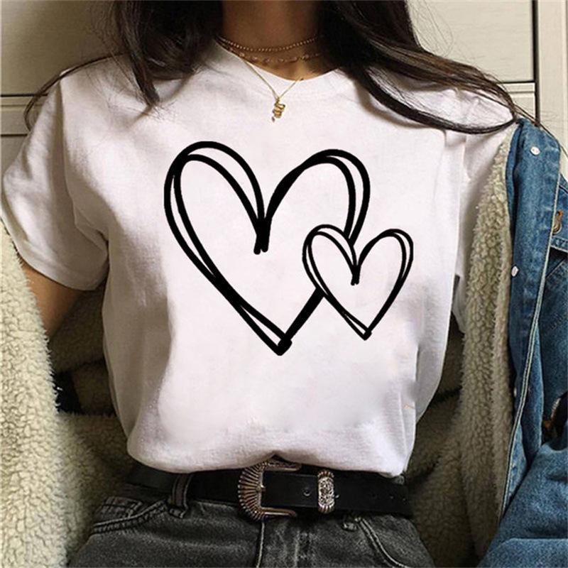 Classic Summer Crewneck T-shirt for Women - Short Sleeve Top with Romantic Love Heart Design