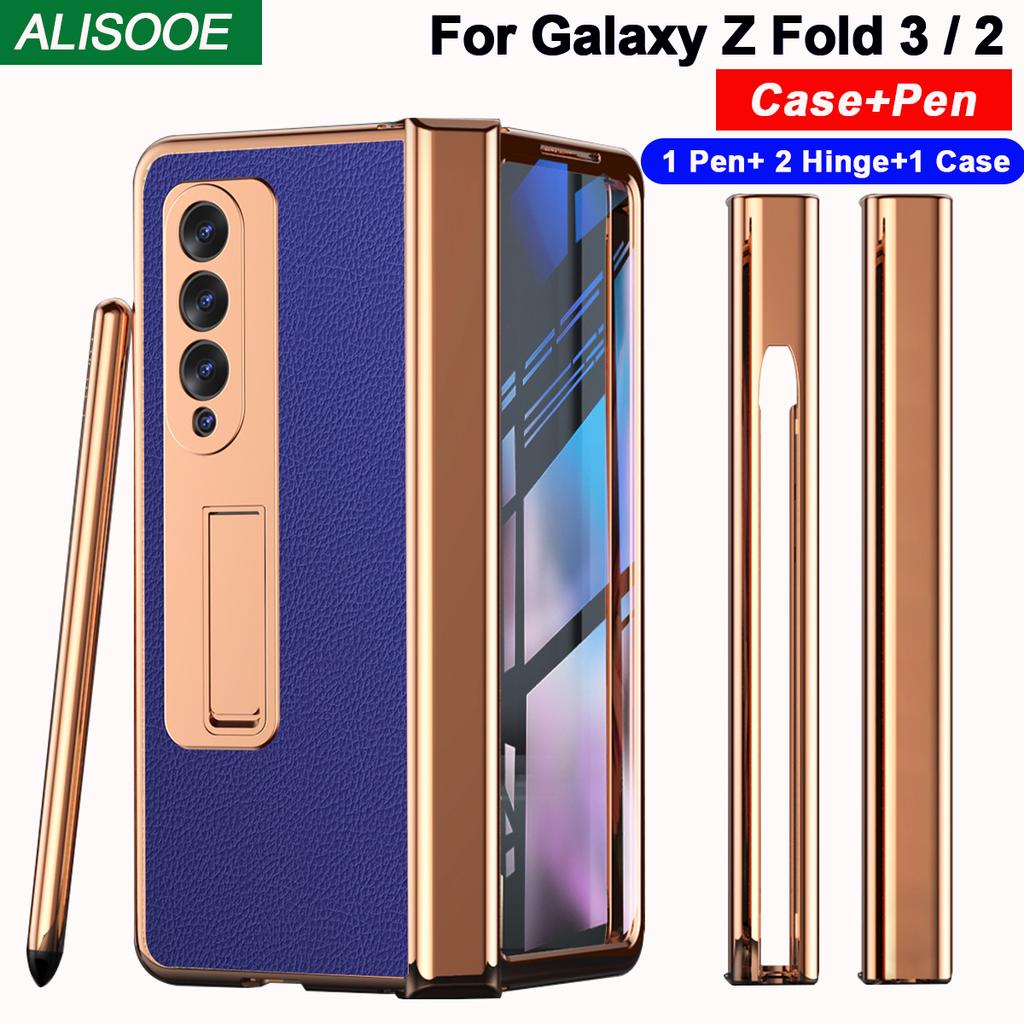2 Stück Scharnier mit Stift für Samsung Galaxy Z Fold 3 2 5g Hülle mit Touch Pen Slot Frontglas Ständer Halter Lederhülle