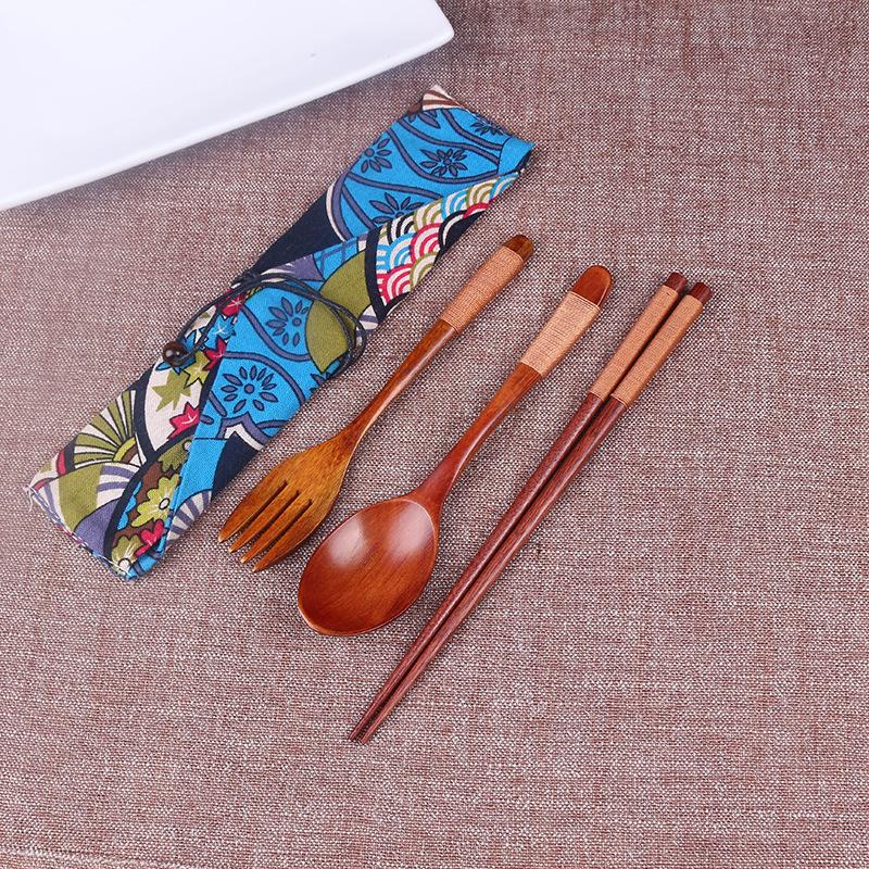 Japanese Style Portable Cutlery Set: Wooden Chopsticks, Fork, Spoon with Binding Wire and Cloth Bag for Outdoor Travel